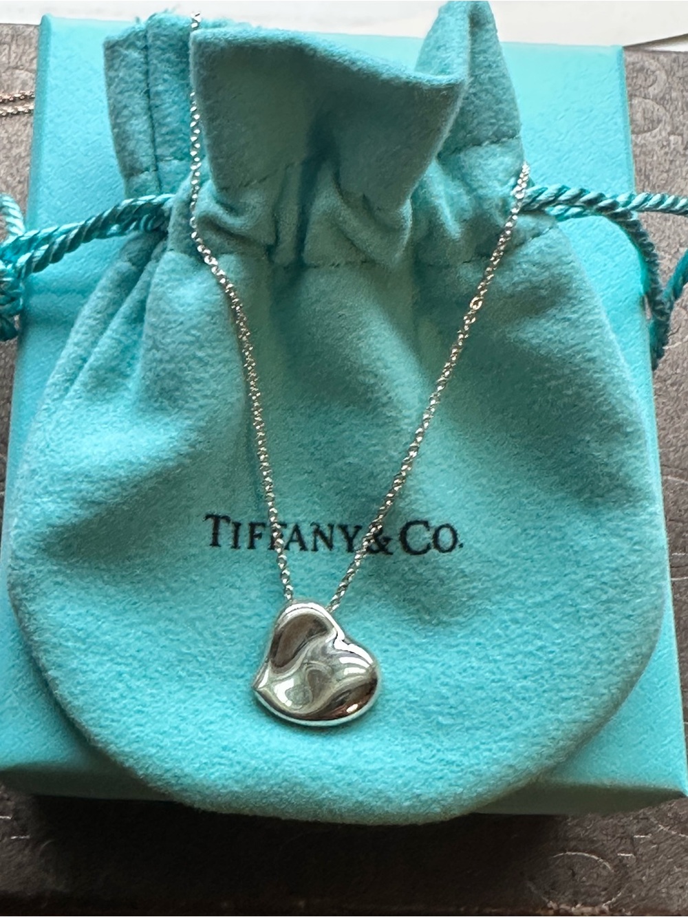 Tiffany & Co. Silver Heart Pendant Necklace with Blue Pouch